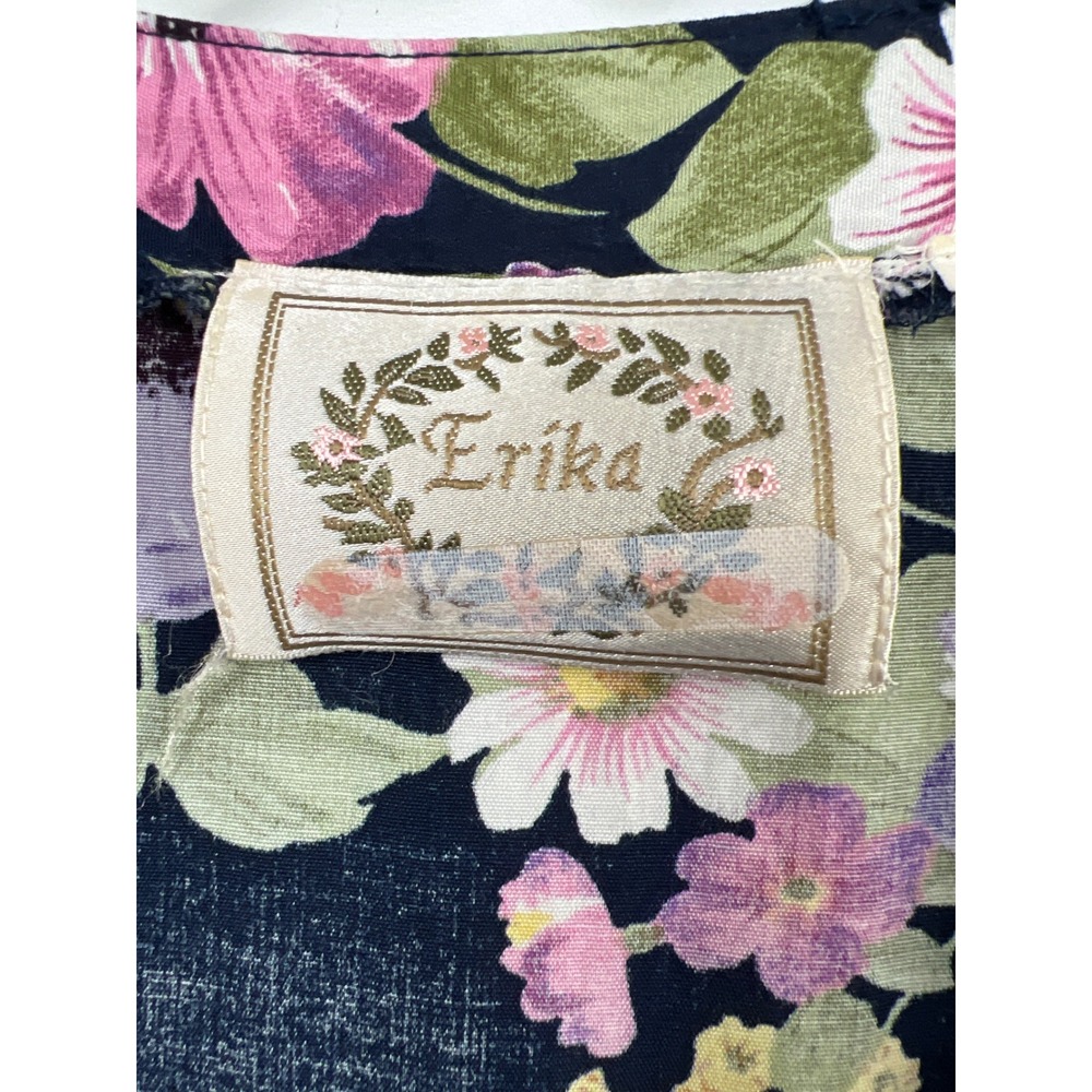 Vintage Erika Floral Midi Dress Womens Large Navy Blue V-Neck Short Sleeve - Picture 2 of 13